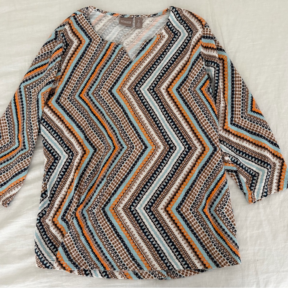 Chico's Chevron Zigzag Long Sleeve Top - Blue, Orange, Brown, White